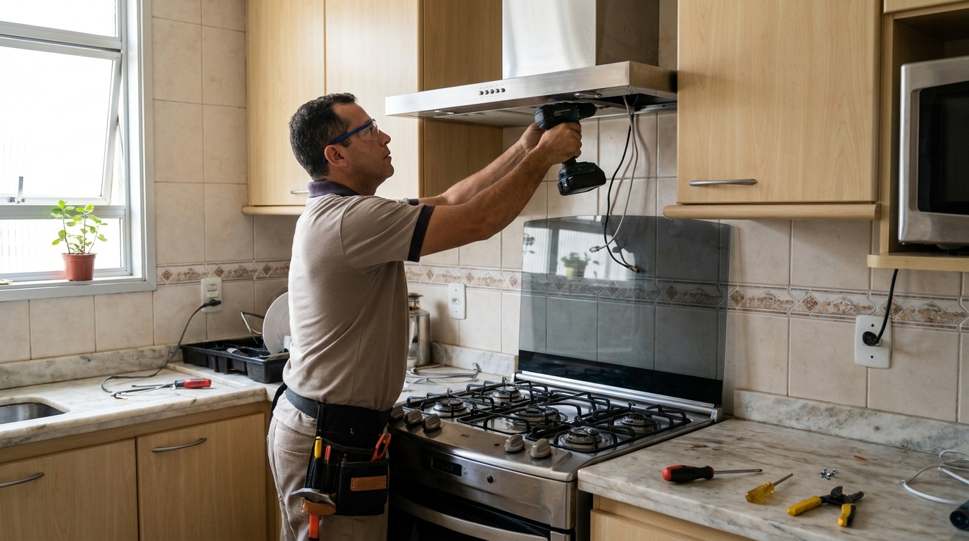 Eletricista instalando coifa em Brasília‑DF